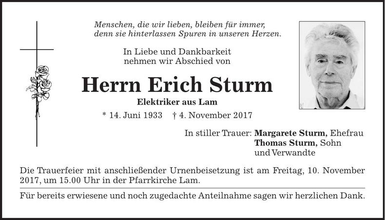 Traueranzeige Erich Sturm