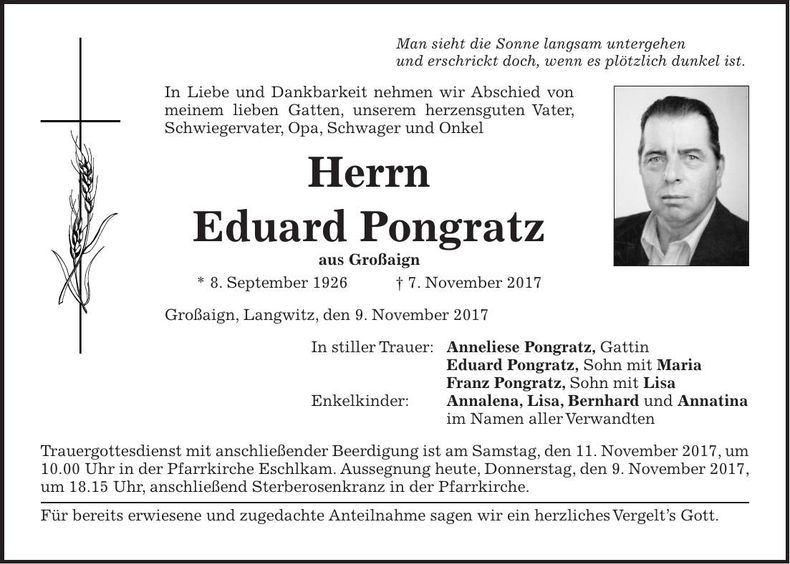 Traueranzeige Eduard Pongratz