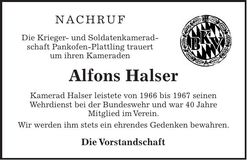 Traueranzeige Alfons Halser