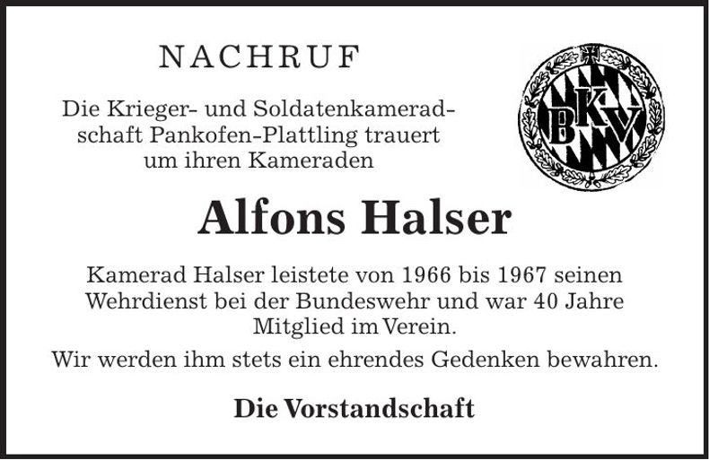Traueranzeige Alfons Halser