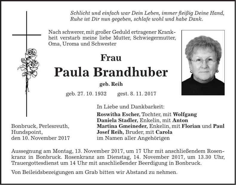 Traueranzeige Paula Brandhuber