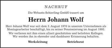 Traueranzeige Johann Wolf
