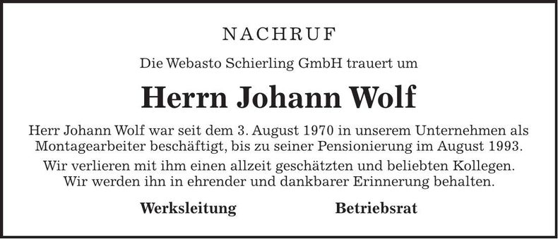 Traueranzeige Johann Wolf