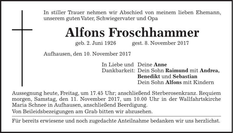 Traueranzeige Alfons Froschhammer