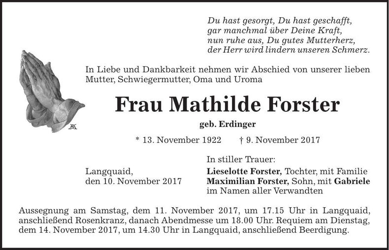 Traueranzeige Mathilde Forster
