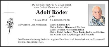 Traueranzeige Adolf Röder