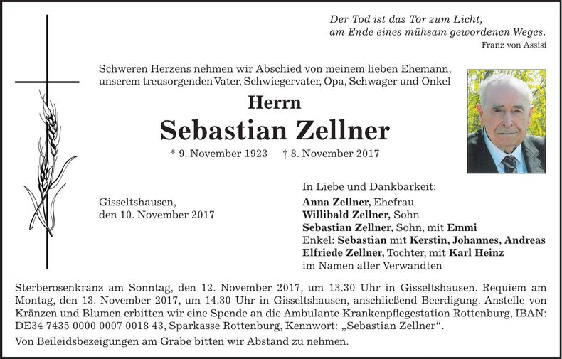 Traueranzeige Sebastian Zellner