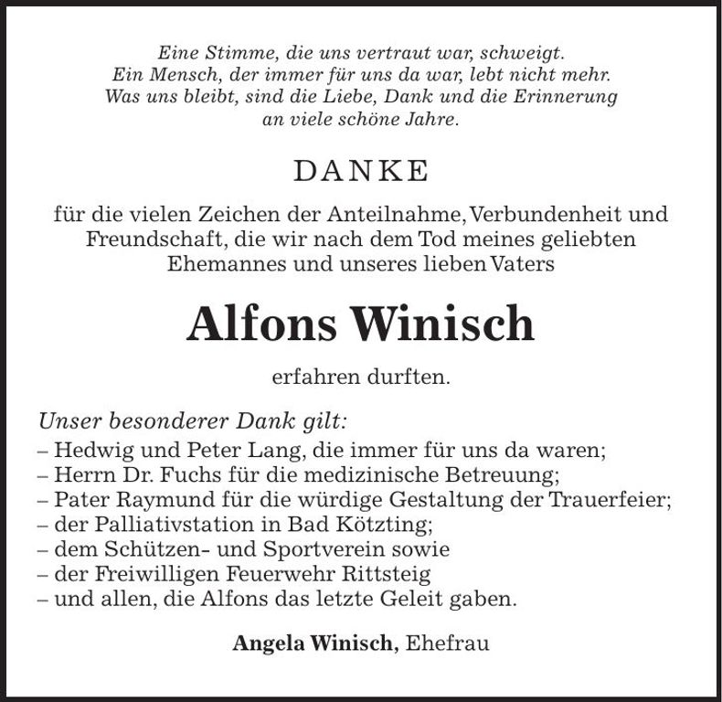 Traueranzeige Alfons Winisch