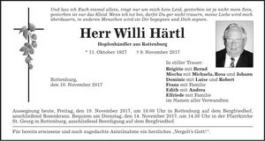 Traueranzeige Willi Härtl