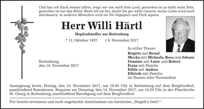 Traueranzeige Willi Härtl