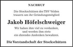 Traueranzeige Jakob Höfelschweiger