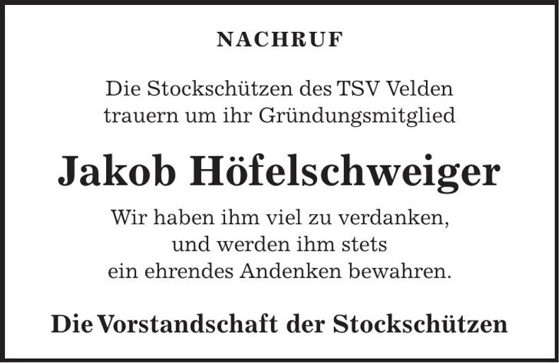Traueranzeige Jakob Höfelschweiger