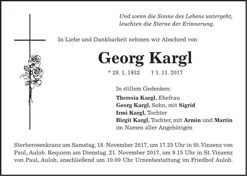 Traueranzeige Georg Kargl