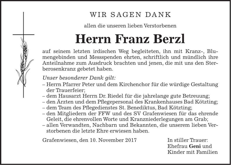 Traueranzeige Franz Berzl