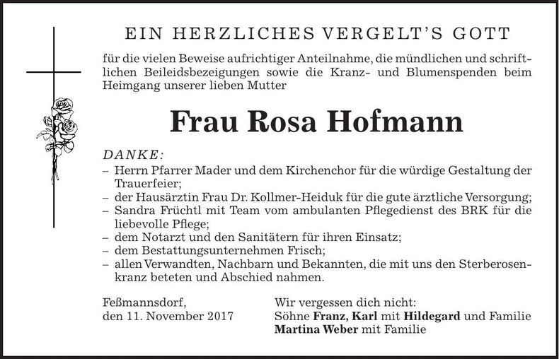 Traueranzeige Rosa Hofmann