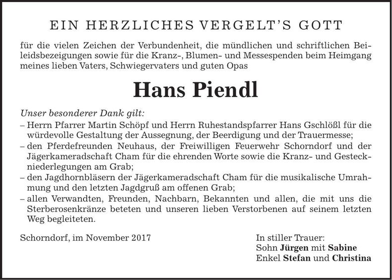 Traueranzeige Hans Piendl