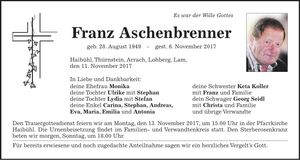 Traueranzeige Franz Aschenbrenner