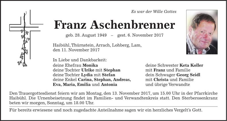Traueranzeige Franz Aschenbrenner