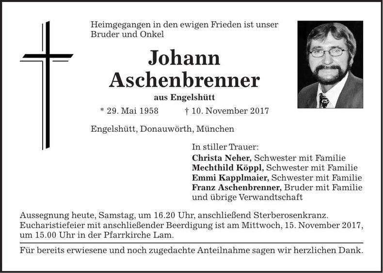 Traueranzeige Johann Aschenbrenner