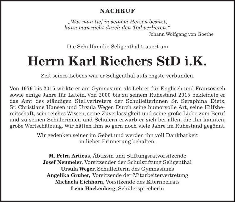 Traueranzeige Karl Riechers