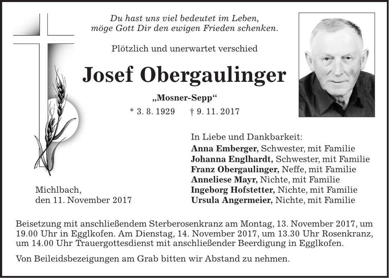 Traueranzeige Josef Obergaulinger