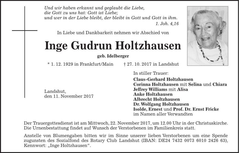 Traueranzeige Inge Gudrun Holtzhausen