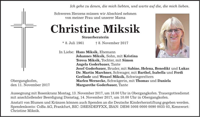 Traueranzeige Christine Miksik