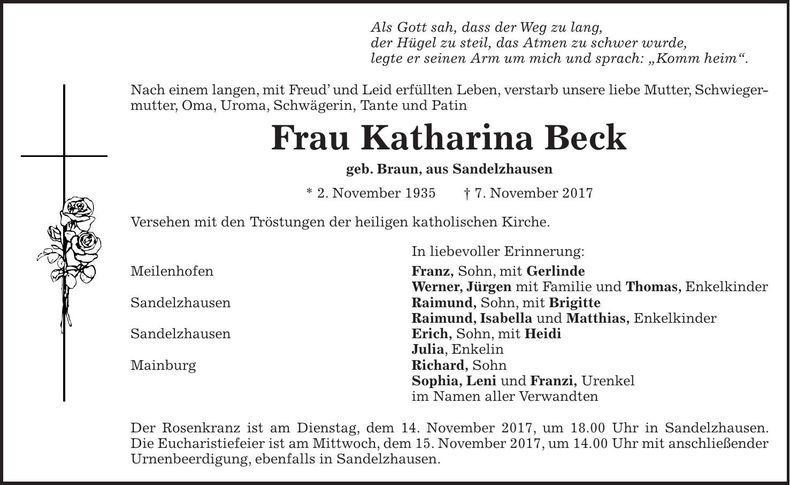 Traueranzeige Katharina Beck