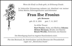 Traueranzeige Ilse Fronius