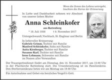 Traueranzeige Anna Schleinkofer