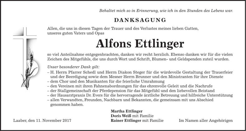 Traueranzeige Alfons Ettlinger