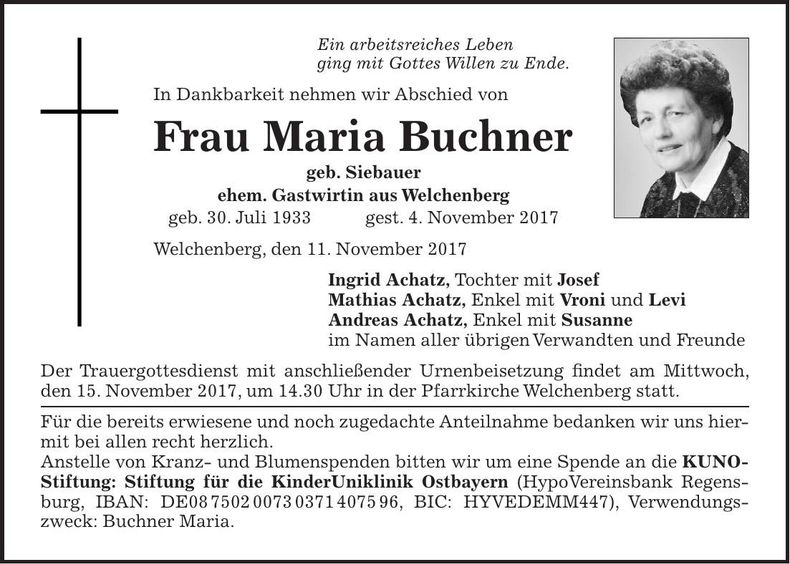 Traueranzeige Maria Buchner