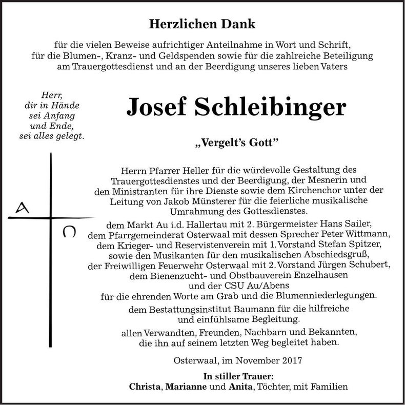 Traueranzeige Josef Schleibinger