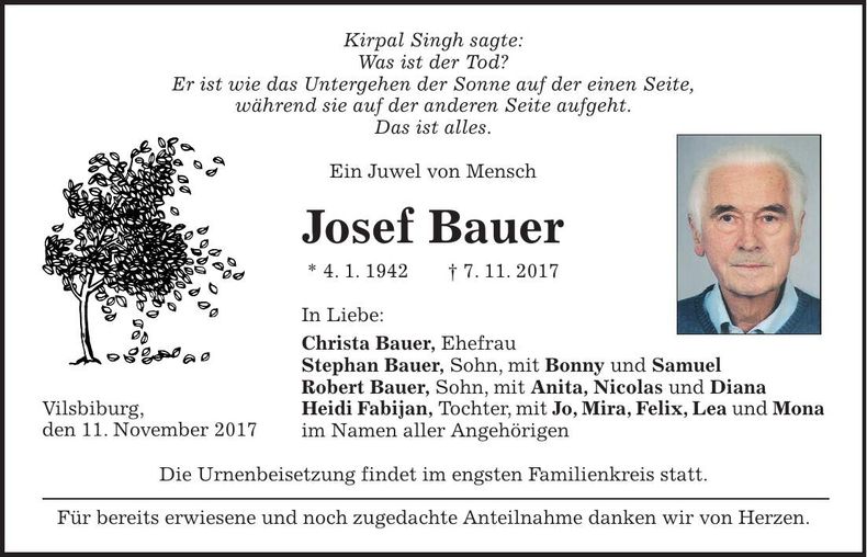 Traueranzeige Josef Bauer