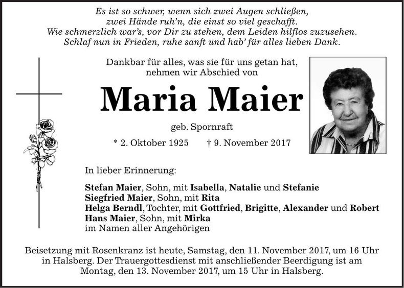 Traueranzeige Maria Maier