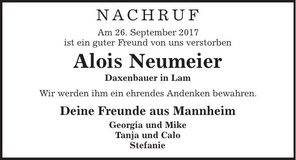 Traueranzeige Alois Neumeier