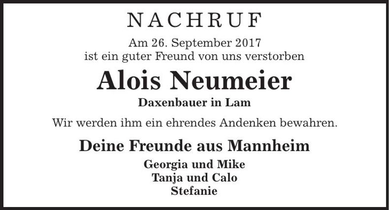 Traueranzeige Alois Neumeier