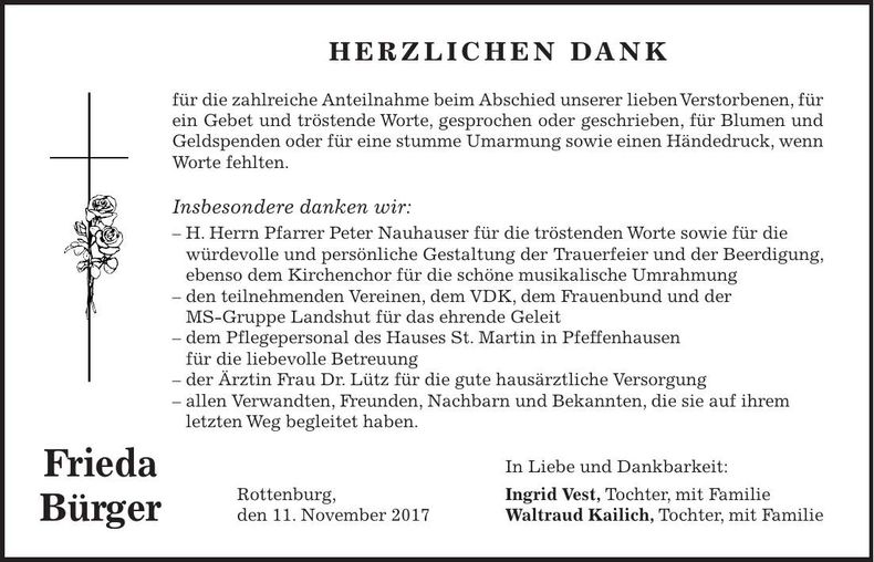 Traueranzeige Frieda Bürger