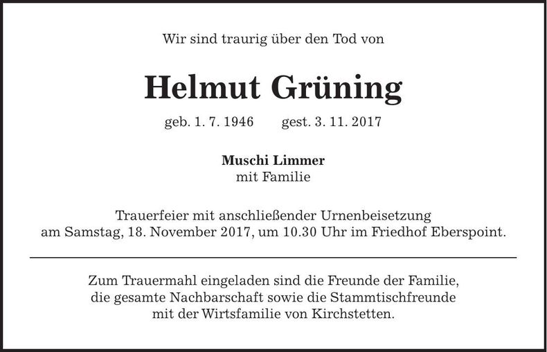 Traueranzeige Helmut Grüning