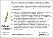 Traueranzeige Johann Ruhland