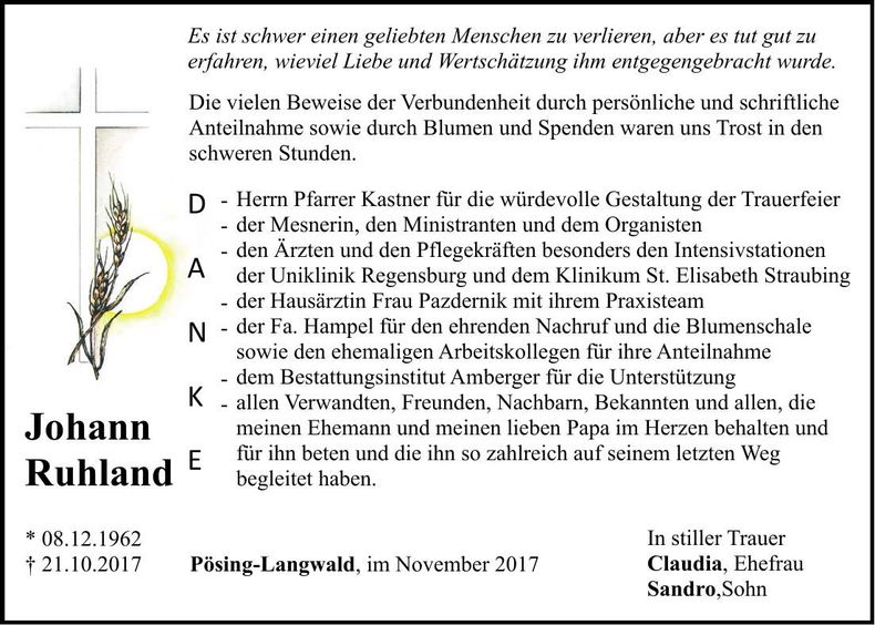 Traueranzeige Johann Ruhland