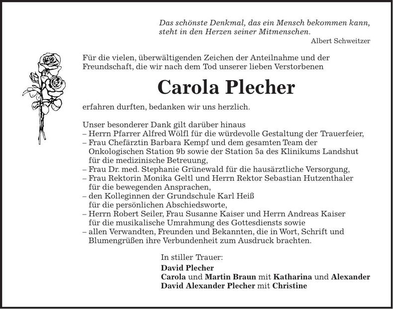 Traueranzeige Carola Plecher