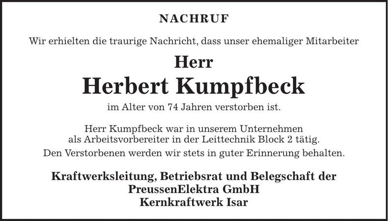 Traueranzeige Herbert Kumpfbeck