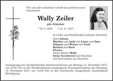Traueranzeige Wally Zeiler