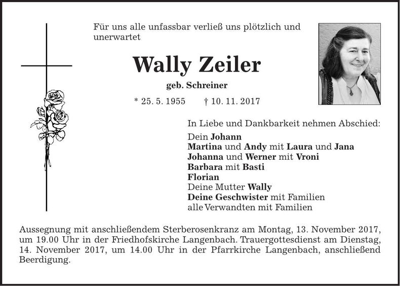 Traueranzeige Wally Zeiler