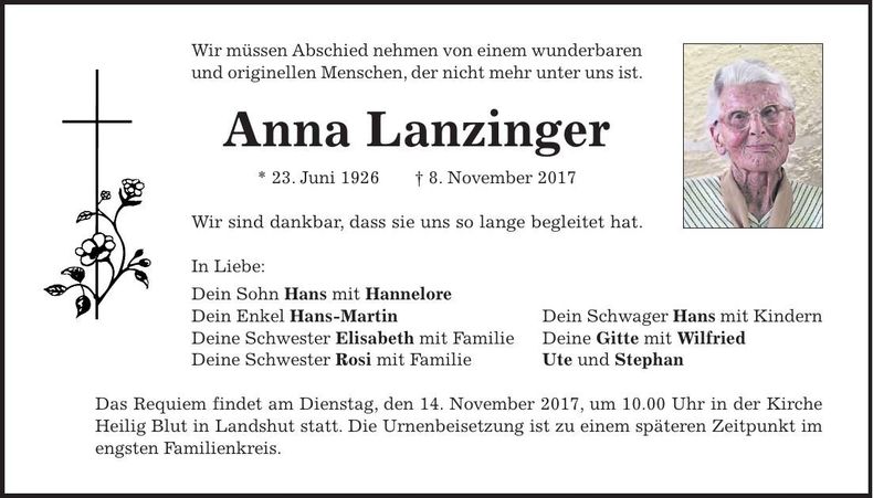 Traueranzeige Anna Lanzinger