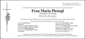 Traueranzeige Maria Plenagl