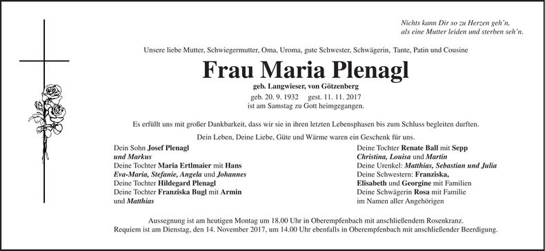 Traueranzeige Maria Plenagl