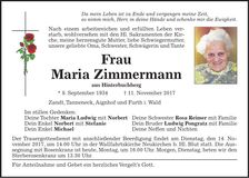 Traueranzeige Maria Zimmermann