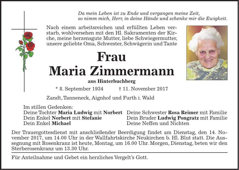 Traueranzeige Maria Zimmermann